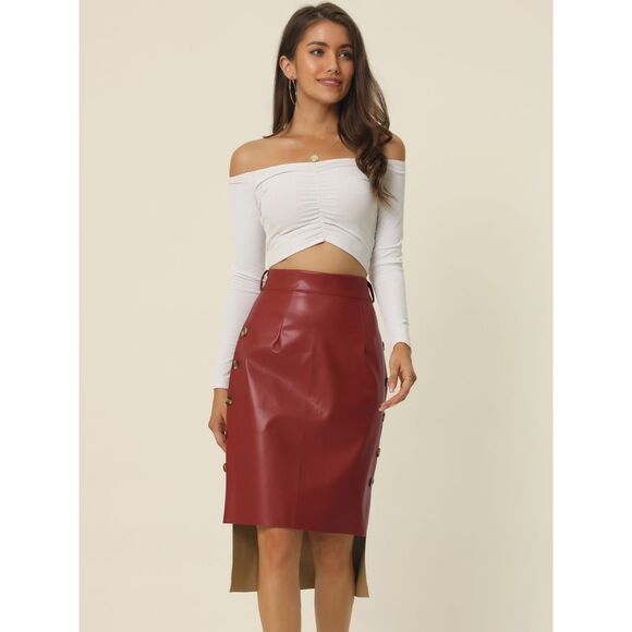 High Low Skirt Belted High Waist Side Button Decor Leather Skirt Wine - Picture 3 of 6